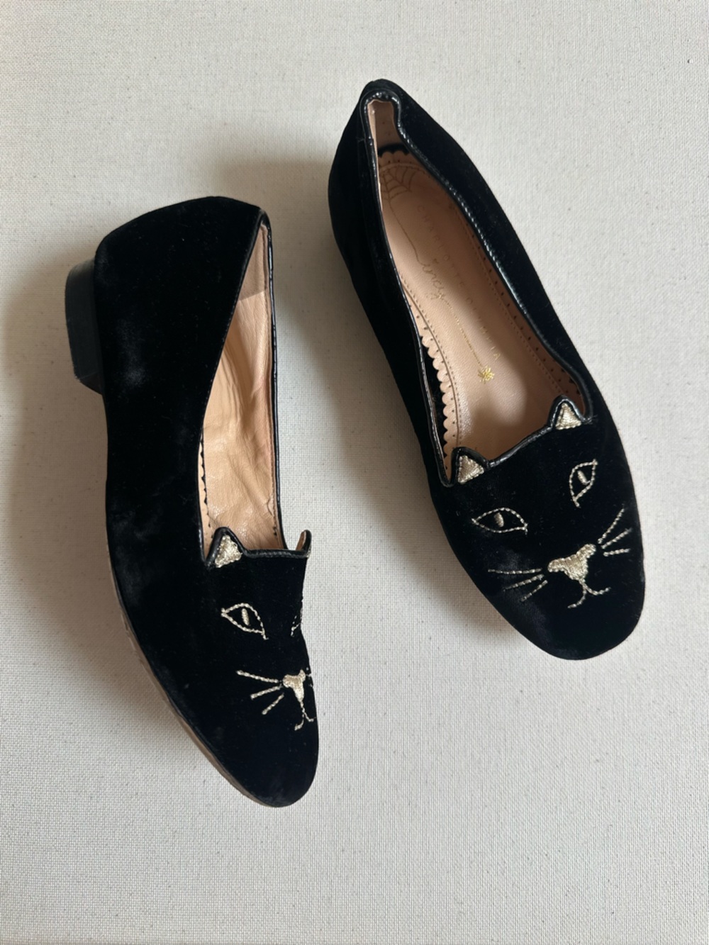 Charlotte Olympia Black Velvet Cat-Embroidered Slip-On Flats - Picture 2 of 7